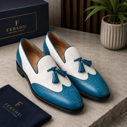 Fershu Milano Blue & White Wingtip Tassel Loafer