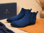 Handcrafted navy blue suede Chelsea boots for men with premium leather lining by Fershu Bespoke Shoes.