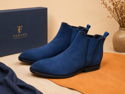 Handcrafted navy blue suede Chelsea boots for men with premium leather lining by Fershu Bespoke Shoes.